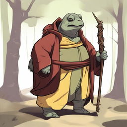 A high-quality digital art piece depicting a 500-pound, 6 ft tortle druid with a skin blend of red, yellow, and brown