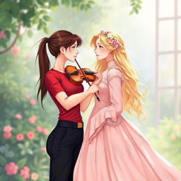 A vibrant and enchanting illustration of two women in their 20s gazing at each other in a captivating moment