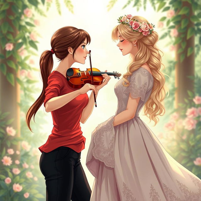 A vibrant and enchanting illustration of two women in their 20s gazing at each other in a captivating moment