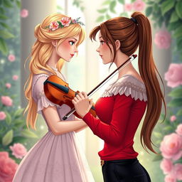 A vibrant and enchanting illustration of two women in their 20s gazing at each other in a captivating moment