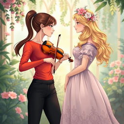 A vibrant and enchanting illustration of two women in their 20s gazing at each other in a captivating moment