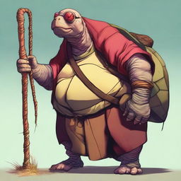 A high-resolution digital art image featuring a 500-pound, 6 ft tortle druid with a vibrant mix of red, yellow, and brown skin