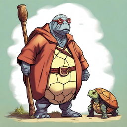 A high-resolution digital art image featuring a 500-pound, 6 ft tortle druid with a vibrant mix of red, yellow, and brown skin