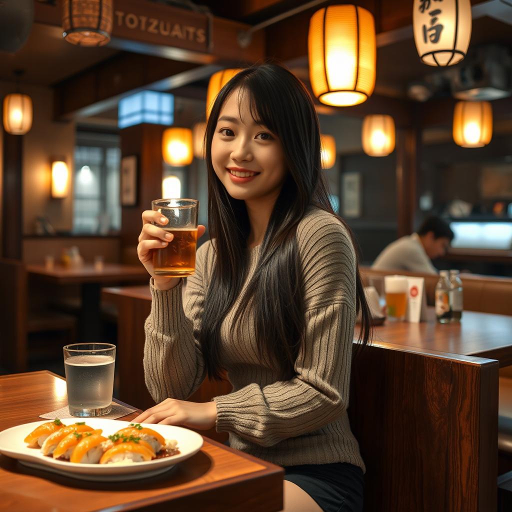 A beautiful and sexy Japanese college student wearing a tight sweater, sitting comfortably at a traditional izakaya