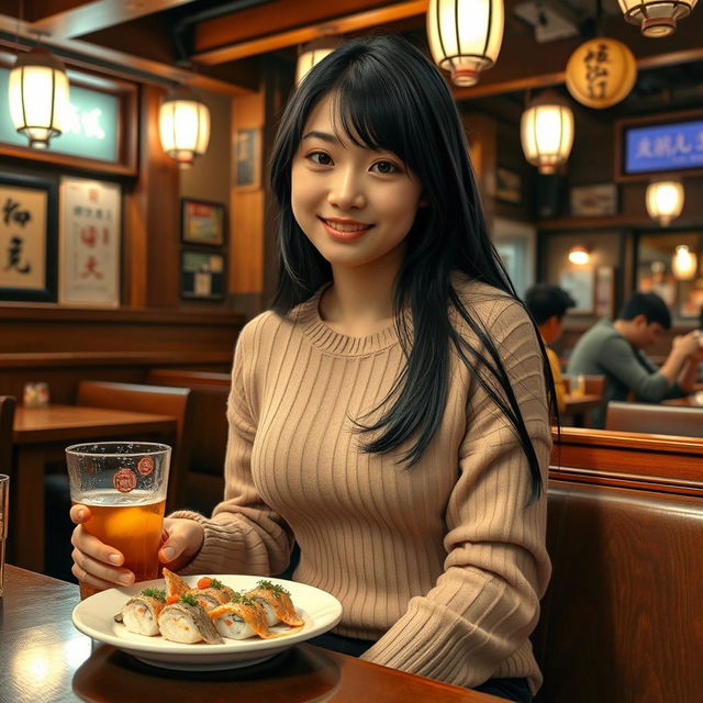 A beautiful and sexy Japanese college student wearing a tight sweater, sitting comfortably at a traditional izakaya