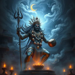 A majestic portrayal of Kal Bhairav, the fierce manifestation of Lord Shiva, depicted as a powerful figure with a dark complexion, adorned with a garland of skulls and a crescent moon on his head