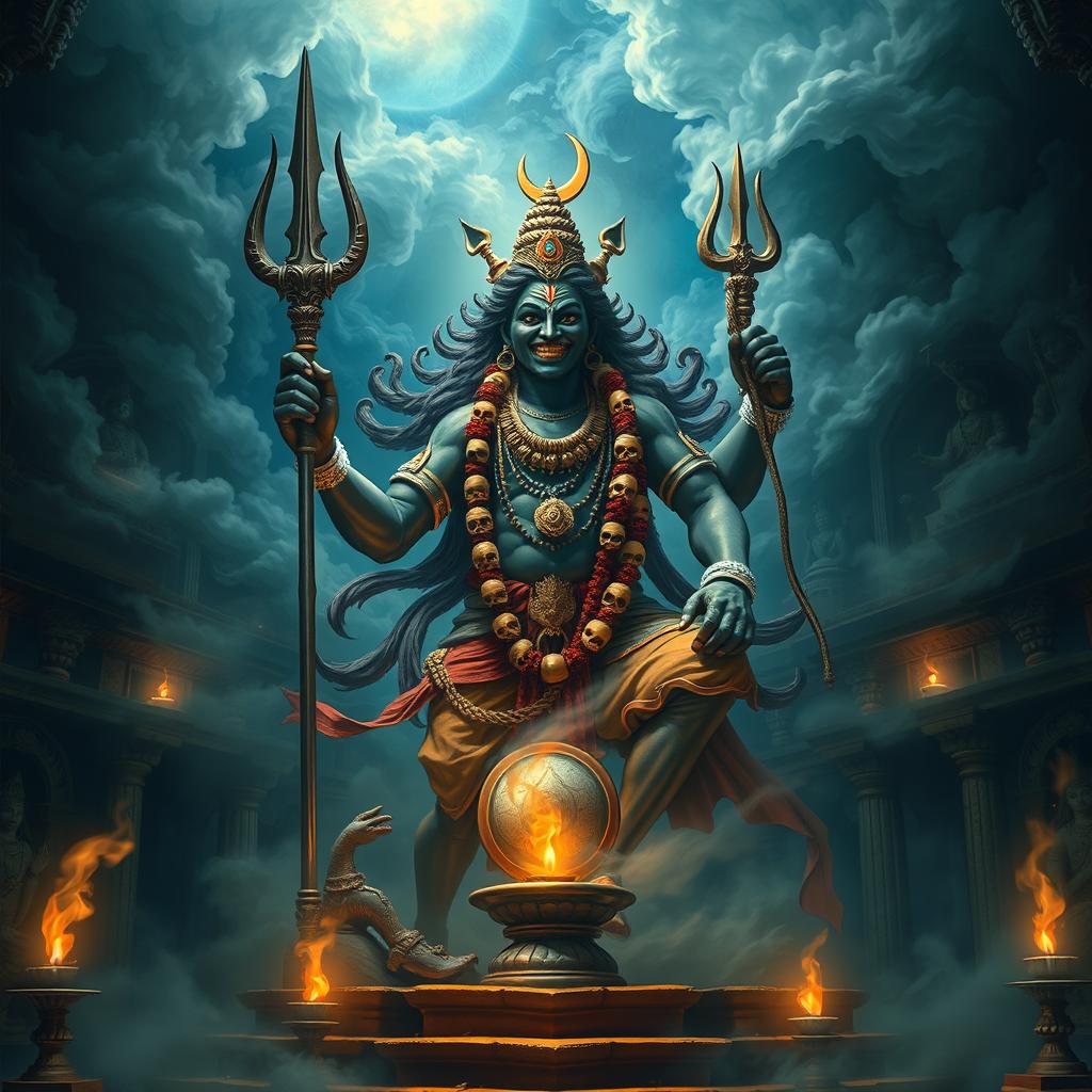 A majestic portrayal of Kal Bhairav, the fierce manifestation of Lord Shiva, depicted as a powerful figure with a dark complexion, adorned with a garland of skulls and a crescent moon on his head