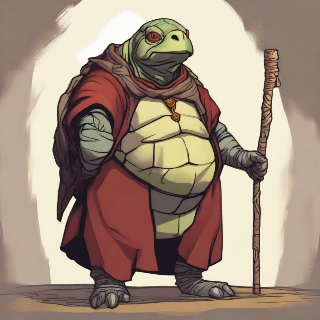 A high-resolution digital art image featuring a 500-pound, 6 ft tortle druid with a vibrant mix of red, yellow, and brown skin