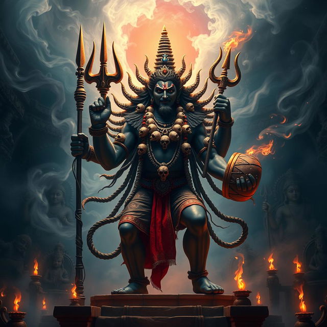 A majestic portrayal of Kal Bhairav, the fierce manifestation of Lord Shiva, depicted as a powerful figure with a dark complexion, adorned with a garland of skulls and a crescent moon on his head