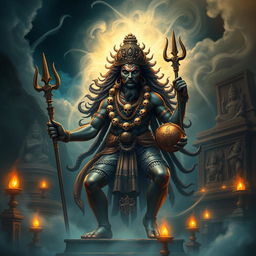 A majestic portrayal of Kal Bhairav, the fierce manifestation of Lord Shiva, depicted as a powerful figure with a dark complexion, adorned with a garland of skulls and a crescent moon on his head