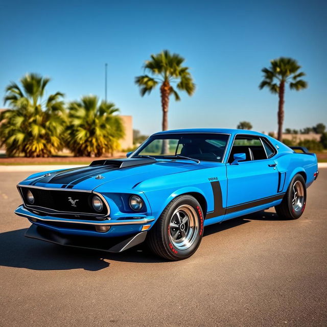 A stunning 1969 Ford Mustang Boss 429 Fastback in a vibrant blue color with black racing stripes, featuring intricate details on the bodywork and a sleek, aggressive stance