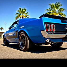 A stunning 1969 Ford Mustang Boss 429 Fastback in a vibrant blue color with black racing stripes, featuring intricate details on the bodywork and a sleek, aggressive stance