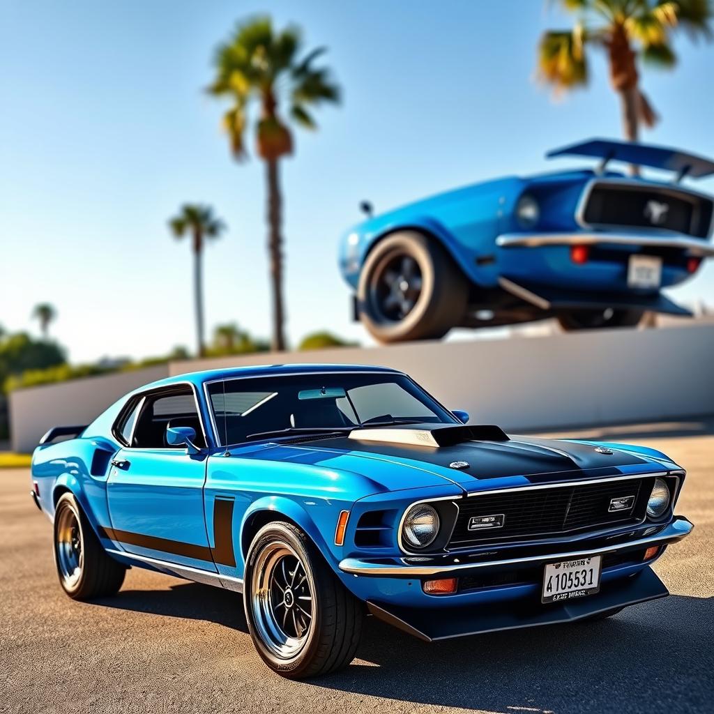 A stunning 1969 Ford Mustang Boss 429 Fastback in a vibrant blue color with black racing stripes, featuring intricate details on the bodywork and a sleek, aggressive stance