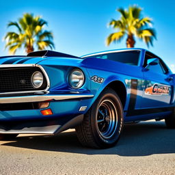 A stunning 1969 Ford Mustang Boss 429 Fastback in a vibrant blue color with black racing stripes, featuring intricate details on the bodywork and a sleek, aggressive stance