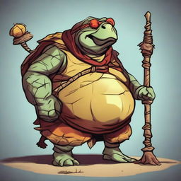 A high-resolution digital art image featuring a 500-pound, 6 ft tortle druid with a vibrant mix of red, yellow, and brown skin