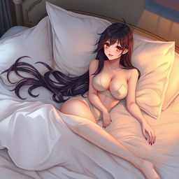 A hyper-realistic anime illustration of a beautiful woman lounging gracefully on a luxurious bed