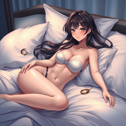 A hyper-realistic anime illustration of a beautiful woman lounging gracefully on a luxurious bed