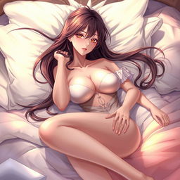 A hyper-realistic anime illustration of a beautiful woman lounging gracefully on a luxurious bed