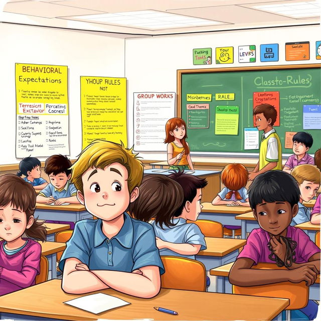 An educational scene depicting a diverse classroom environment that showcases various students engaging in different activities