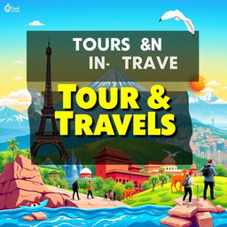 A vibrant tours and travels poster featuring a picturesque landscape with iconic landmarks such as the Eiffel Tower, the Great Wall of China, and the Sahara Desert