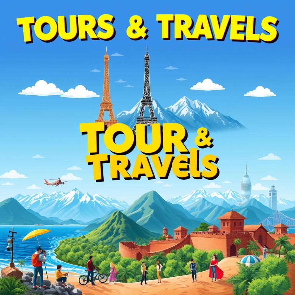 A vibrant tours and travels poster featuring a picturesque landscape with iconic landmarks such as the Eiffel Tower, the Great Wall of China, and the Sahara Desert