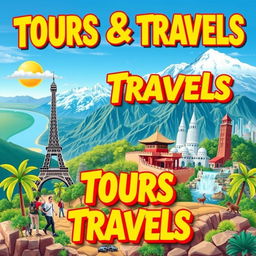 A vibrant tours and travels poster featuring a picturesque landscape with iconic landmarks such as the Eiffel Tower, the Great Wall of China, and the Sahara Desert