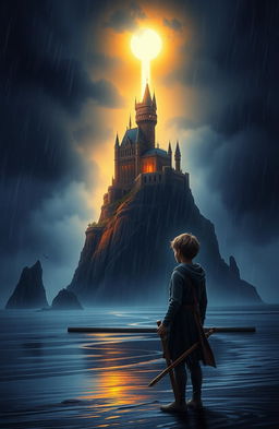 A dark, stormy medieval landscape featuring a teenage boy on a rainswept beach, gazing up at a majestic castle perched high on a cliff