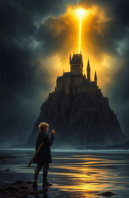 A dark, stormy medieval landscape featuring a teenage boy on a rainswept beach, gazing up at a majestic castle perched high on a cliff