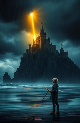 A dark, stormy medieval landscape featuring a teenage boy on a rainswept beach, gazing up at a majestic castle perched high on a cliff