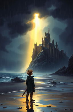 A dark, stormy medieval landscape featuring a teenage boy on a rainswept beach, gazing up at a majestic castle perched high on a cliff