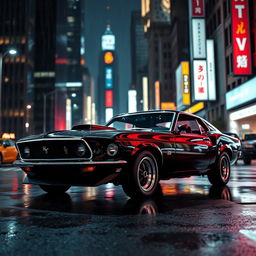 A stunning scene featuring a 1969 Ford Mustang Boss 429 Fastback in sleek black, embodying a sense of power and style