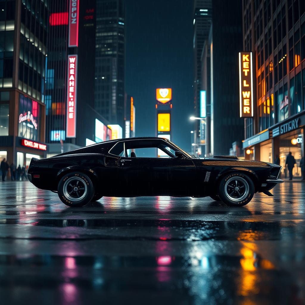 A stunning scene featuring a 1969 Ford Mustang Boss 429 Fastback in sleek black, embodying a sense of power and style