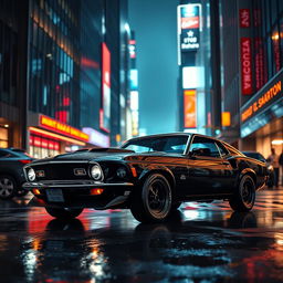 A stunning scene featuring a 1969 Ford Mustang Boss 429 Fastback in sleek black, embodying a sense of power and style