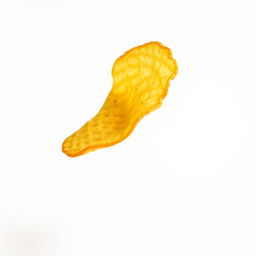 A single, realistic potato chip captured in mid-air, showcasing its crisp texture and golden-brown color with perfectly fried edges