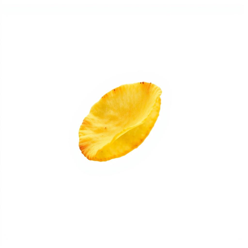 A single, realistic potato chip captured in mid-air, showcasing its crisp texture and golden-brown color with perfectly fried edges