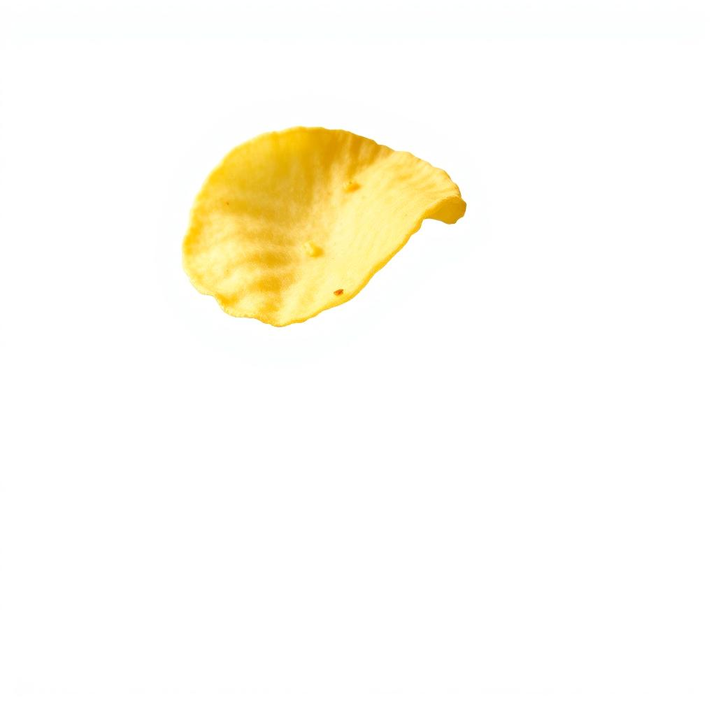 A single, realistic potato chip airborne, beautifully captured in mid-flight