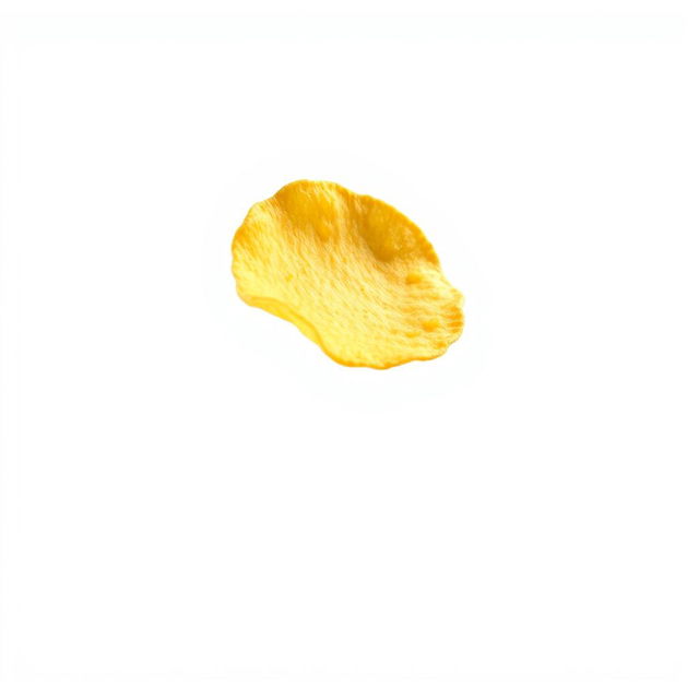 A single, realistic potato chip airborne, beautifully captured in mid-flight