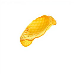 A single, realistic potato chip airborne, beautifully captured in mid-flight