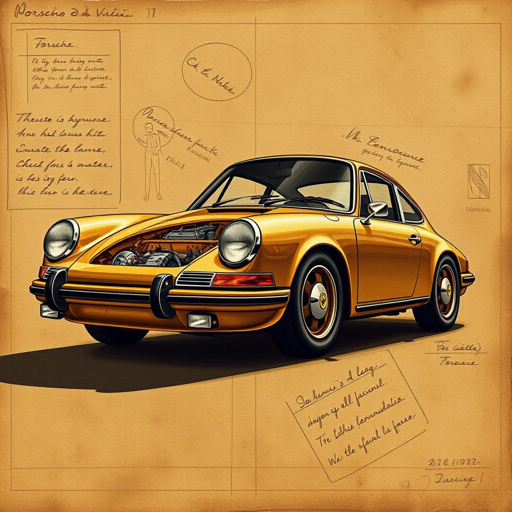 A classic Porsche 911 illustrated in the style of Leonardo da Vinci, showcasing intricate detailing reminiscent of Renaissance art