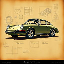 A classic Porsche 911 illustrated in the style of Leonardo da Vinci, showcasing intricate detailing reminiscent of Renaissance art