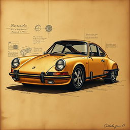A classic Porsche 911 illustrated in the style of Leonardo da Vinci, showcasing intricate detailing reminiscent of Renaissance art
