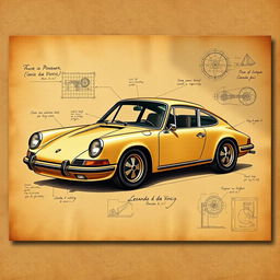 A classic Porsche 911 illustrated in the style of Leonardo da Vinci, showcasing intricate detailing reminiscent of Renaissance art