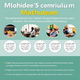 Design an educational poster focused on the mathematics curriculum for middle school students, featuring 8 realistic photos from Finnish schools that depict various math learning environments