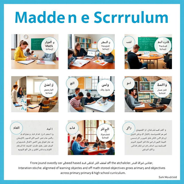 Design an educational poster focused on the mathematics curriculum for middle school students, featuring 8 realistic photos from Finnish schools that depict various math learning environments