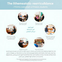 Design an educational poster focused on the mathematics curriculum for middle school students, featuring 8 realistic photos from Finnish schools that depict various math learning environments
