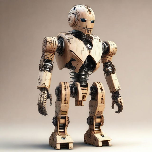 An intricate digital art piece showcasing a humanoid robot meticulously constructed from various types of wood