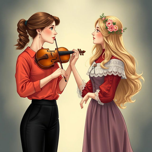 An enchanting illustration of two women in their 20s staring at each other with awe
