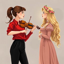 An enchanting illustration of two women in their 20s staring at each other with awe