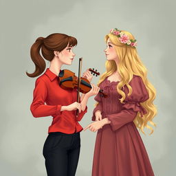 An enchanting illustration of two women in their 20s staring at each other with awe