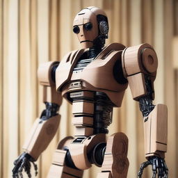 An intricate digital art piece showcasing a humanoid robot meticulously constructed from various types of wood